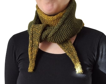 Olive Green Knit Neck Scarf – Ombre Skinny Neck Warmer – Handmade Gift for Her