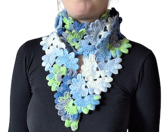 Blue Green Crochet Scarf - Flower Lace Scarf - Handmade Colorful Granny Square Scarf