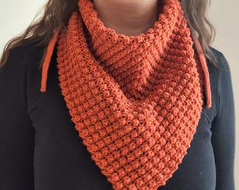 Rust Orange Hand Knit Triangle Neck Warmer • Textured Cozy Scarf • Chunky Knit Cowl • Handmade Gift