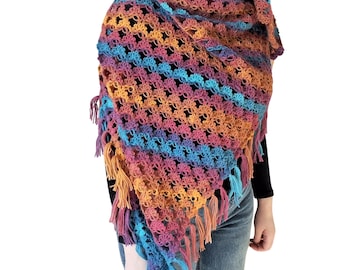 Colorful Crochet Shawl for Women, Boho Fringe Wrap, Handmade Multicolor Scarf, Openwork Crochet Shoulder Wrap, Bohemian  Accessory
