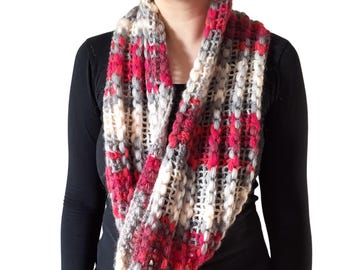 Red Crochet Infinity Scarf – Gray Knit Scarf - Double Loop Cozy Winter Neck Warmer
