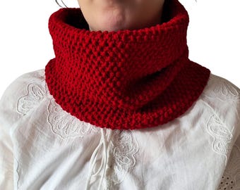 Handknit Red Snood • Soft Red Neck Warmer • Chunky Cozy Winter Scarf • Handmade Gift