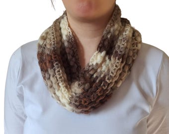 Brown Cream Neutral Infinity Scarf • Chunky Knit Cowl Scarf • Cozy Winter Neck Warmer Gift for Her