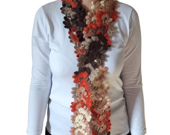 Floral Brown Orange Crochet Scarf – Autumn Tone Long Hand Knit Neck Wrap – Boho Statement Winter Accessory