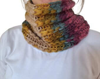 Colorful Hand Knit Cowl Scarf – Chunky Neck Warmer – Soft Winter Snood – Boho Multicolor Infinity Scarf