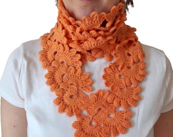 Orange Crochet Scarf, Handmade Floral Lace Neck Wrap, Boho Neck Wrap, Gift for Her, Lightweight Summer Scarf