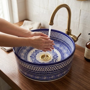Handgjord marockansk keramisk handfat - Koboltblå geometrisk keramik - Cylindrisk handfat i Fez