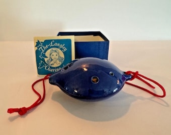 Vintage Langley 6-gaats concert ocarina tenor G blauw keramiek Engeland met boekje