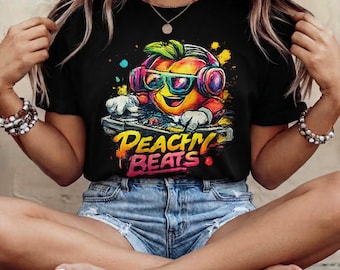 Peachy Beats Dj Shirt | DJ Peach Graphic Tee | Funny Music T-Shirt | Streetwear Fruit Design Gift | Retro Festival Tee Drip Summer Apparel