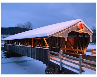 Snowy Covered Bridge Photo Art | New England Winter Decor | Vermont Wall Art