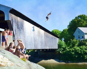 May include: A group of people stand on a wooden bridge over a river. A person jumps into the water from the bridge. The bridge is painted a light blue color. The water is a light blue color. The sky is a light blue color. There are trees in the background.