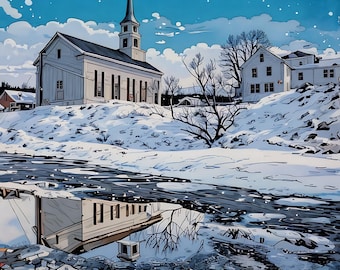 Stowe Vermont Winter Church Reflection Graphic Art Print