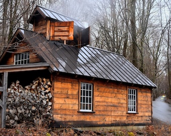 May include: A wooden cabin with a metal roof, a wood-burning stove, and a pile of firewood in front. The cabin is surrounded by trees.