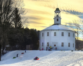 Photo Art Print-Vermont Round Church Winter Family Sledding Scene