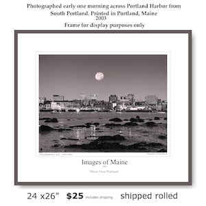 Portland Maine Moonset Poster: Black and White Cityscape Art (24x26)