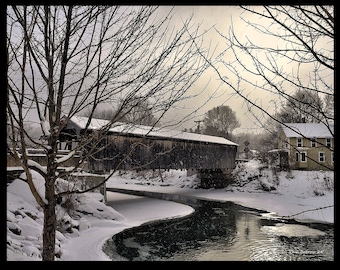 winter covered bridge-Vermont winter photo-New England photo art-framed wall art-Vermont-photo art gift-wall art-fine art photography-snowy