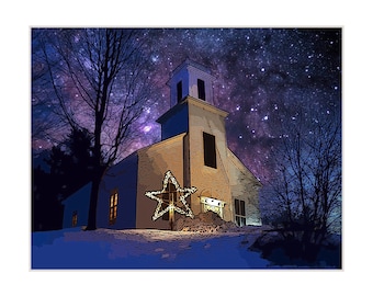 Vermont Starry Night Church Art Print: Winter Landscape Wall Decor