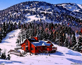 Vermont Winter Ski Lodge Art Print • Snowy Landscape graphic Illustration