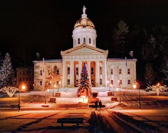 Vermont Statehouse Winter Holiday Scene: Fine Art Print