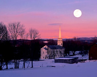 Vermont Winter Wall Art | Moonrise Peacham Church | Vermont Landscape Photo Art | Snowy Scene