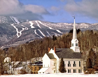 Vermont Winter Morning-photo print-wall decor-fine art-photography-New England-winter-home design-Free Shipping-Vermont church steeple-gift