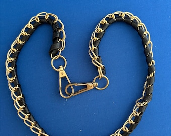 Black Leather & Gold Chain Strap – Handmade Braided Wristlet / Purse Strap – Boho Luxe Bag Handle – Replacement Strap with Clips