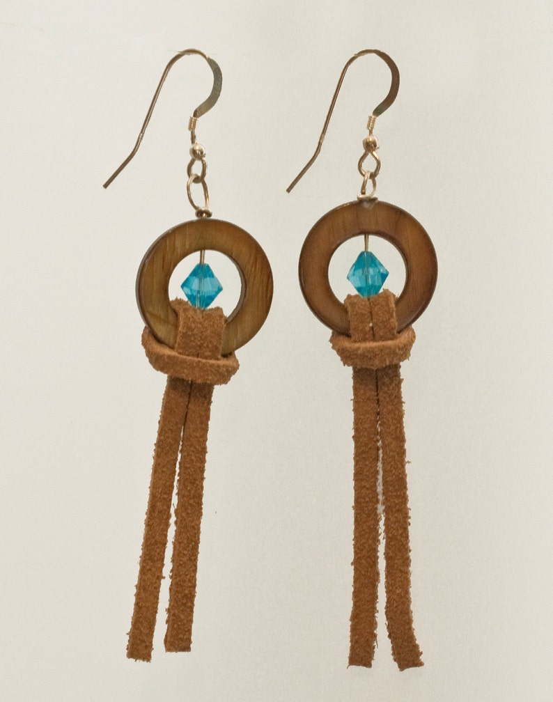 Leather Shell and Blue Crystal Earrings image 1