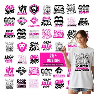 May include: A white t-shirt with a graphic of anime-style characters with swords and the text "K-POP DRAGON HUNTERS." The image also shows various black and pink logos and text designs, including "SAJA BOYS" and "HUNTRX."