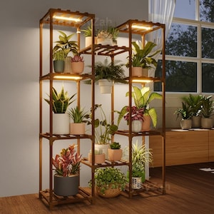 May include: A multi-tiered, wooden plant stand with built-in LED lighting. The stand is filled with various potted plants, showcasing a variety of foliage and textures. The warm wood tone and soft lighting create a cozy, inviting display for indoor gardening.