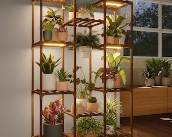 10-Tier Wooden Plant Stand With Grow Light | Indoor Outdoor Pot Holder Rack | Plants Display Shelf | House Plant Stand