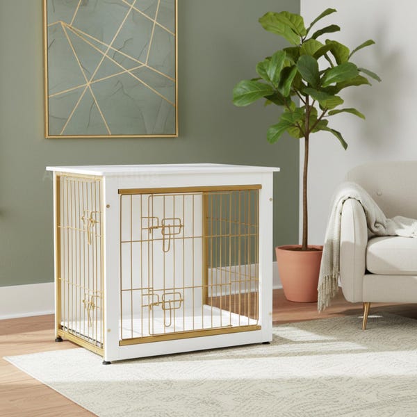 Wooden Pet House With Two Gates | Dog Crate Furniture With Cushion | Weatherproof Outdoor/Indoor Cat House | Modern Dog House