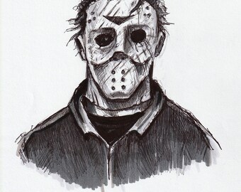 ORIGINAL art - Jason / Michael MasUp - 8"x10" Pen and ink drawing