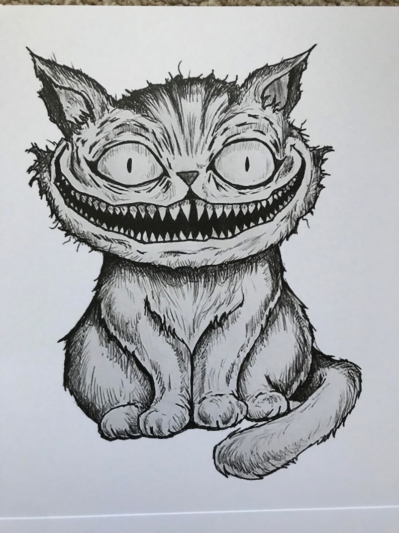 Cheshire Cat 8x10 schets PRINT / Reproductie gesigneerd door kunstenaar afbeelding 1