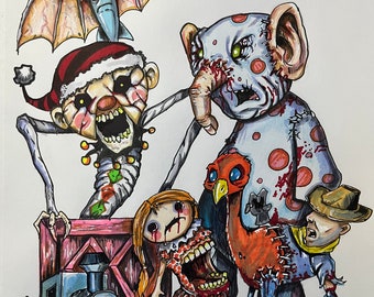 ORIGINAL ART - the Island of Misfit Toys HORROR Christmas - 9"x12" Original Drawing