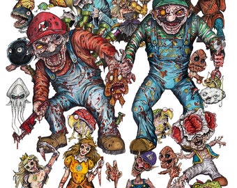 Super Mario HORROR COLLAGE - 25 Scary Characters - 11x17 PRINT/Reproduction - Signed by Artist