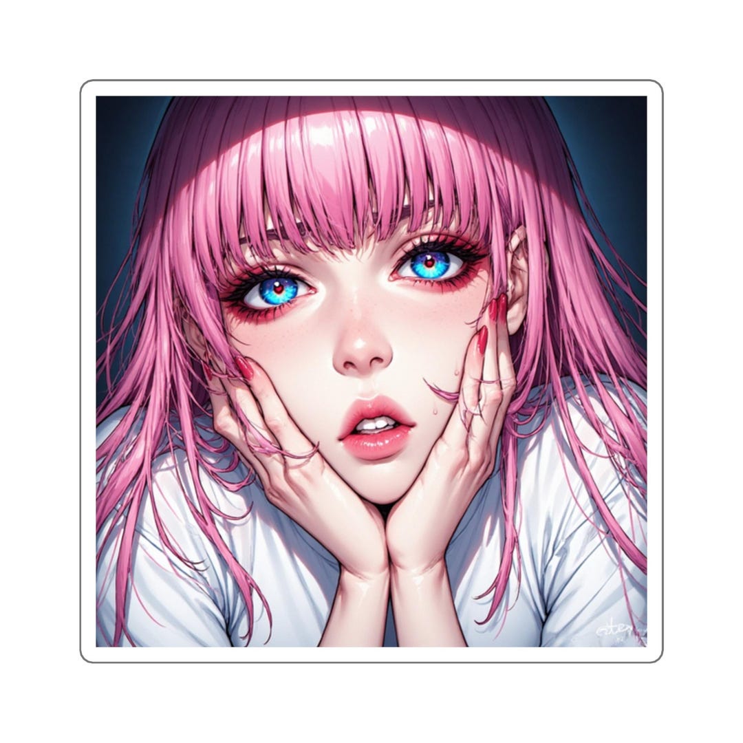 Pink Haired Anime Girl Square Stickers | Cute Portrait, Blue Eyes - Etsy
