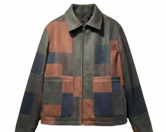 Handmade Wool Check Jacket | Green & Brown Color Block Workwear Zip Coat