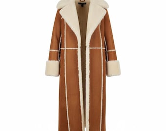 Handmade Suede Leather Penny Lane Style Shearling Brown Coat | Vintage 70s Winter boho Coat