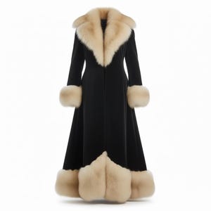 Handmade Black Velvet Faux Fur Penny Lane Style Coat | Vintage 70s Women Winter Coat