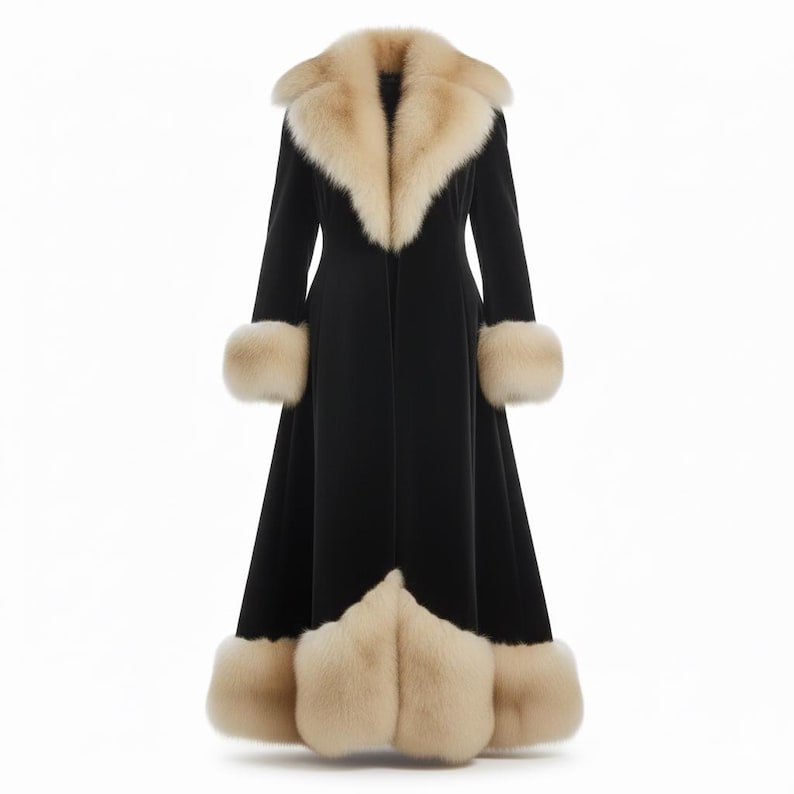 Handmade Black Velvet Faux Fur Penny Lane Style Coat | Vintage 70s Women Winter Coat