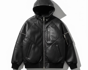 Oversized Black PU Leather Hoodie – Unisex Y2K Streetwear Jacket