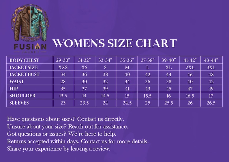 Puede incluir: Una tabla de tallas p&uacute;rpura para chaquetas de mujer, con medidas en pulgadas. La tabla incluye medidas de pecho, talla de chaqueta, busto, cintura, cadera, hombro y manga, de XXS a 3XL. El logo de Fusion Jacket est&aacute; arriba.