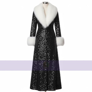 Abrigo largo de lentejuelas negras para mujer, hecho a mano, con cuello de piel blanca, para fiesta de Año Nuevo en invierno.
