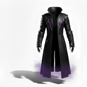 May include: A black leather coat with purple lightning bolt accents. The coat features a high collar, shoulder armor, and fingerless gloves. The bottom of the coat fades to a purple hue, creating a dramatic effect.