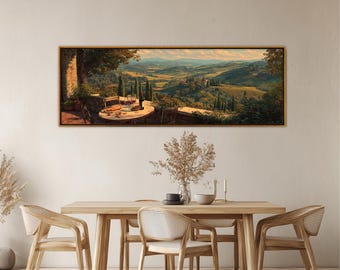 Tuscan Terrace Vineyard View Wall Art Canvas Print with Wine and Bread, Ready to Hang