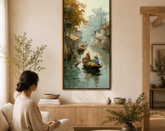 Vietnam Canvas Print, Watercolor Boat Scene, River Landscape Decor, Travel Lover Gift, Large Vertical wall art