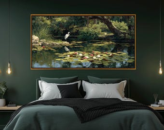 Serene Pond with Lily Pads and Heron Canvas Print, Ready to Hang