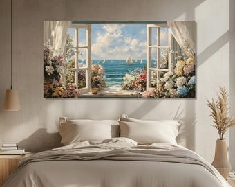 Coastal View Canvas Print Framed by Open Window with Flowers,  Ready to Hang