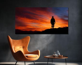 Soldier Silhouette at Sunset Canvas Print, Military Wall Art, Ready to Hang