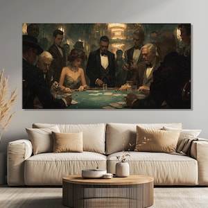 May include: A large wall art print showing a poker game. Men and a woman are gathered around a green felt table, lit by soft lighting. The artwork features figures in formal attire, with a chandelier in the background, creating a vintage feel.
